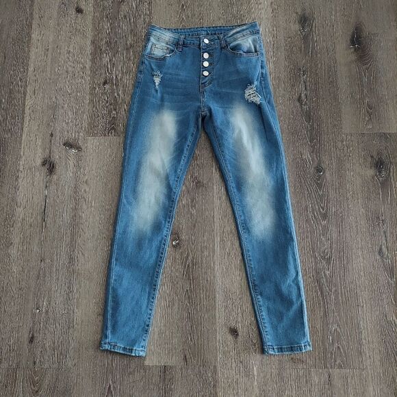 High Rise Distressed Blue Skinny Jeans Size 28 - Picture 1 of 7